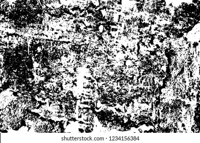 Grunge overlay layer. Abstract black and white vector background. Monochrome vintage surface with dirty pattern in cracks, spots, dots. Old wall in dark horror style design