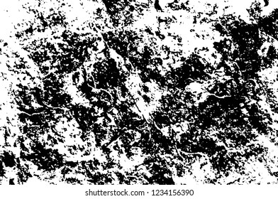 Grunge overlay layer. Abstract black and white vector background. Monochrome vintage surface with dirty pattern in cracks, spots, dots. Old wall in dark horror style design