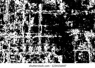 Grunge overlay layer. Abstract black and white vector background. Monochrome vintage surface with dirty pattern in cracks, spots, dots. Old wall in dark horror style design