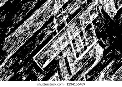Grunge overlay layer. Abstract black and white vector background. Monochrome vintage surface with dirty pattern in cracks, spots, dots. Old wall in dark horror style design