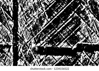 Grunge overlay layer. Abstract black and white vector background. Monochrome vintage surface with dirty pattern in cracks, spots, dots. Old wall in dark horror style design