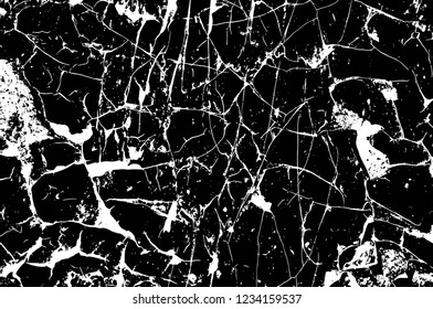 Grunge overlay layer. Abstract black and white vector background. Monochrome vintage surface with dirty pattern in cracks, spots, dots. Old wall in dark horror style design