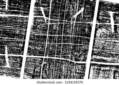 Grunge overlay layer. Abstract black and white vector background. Monochrome vintage surface with dirty pattern in cracks, spots, dots. Old wall in dark horror style design