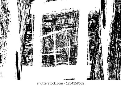 Grunge overlay layer. Abstract black and white vector background. Monochrome vintage surface with dirty pattern in cracks, spots, dots. Old wall in dark horror style design