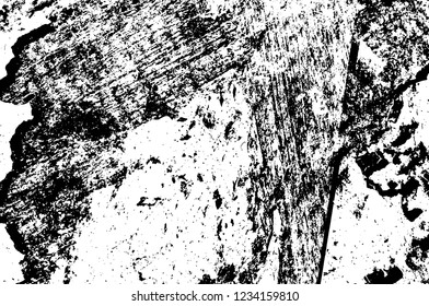 Grunge overlay layer. Abstract black and white vector background. Monochrome vintage surface with dirty pattern in cracks, spots, dots. Old wall in dark horror style design