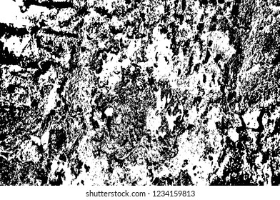 Grunge overlay layer. Abstract black and white vector background. Monochrome vintage surface with dirty pattern in cracks, spots, dots. Old wall in dark horror style design