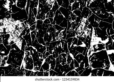 Grunge overlay layer. Abstract black and white vector background. Monochrome vintage surface with dirty pattern in cracks, spots, dots. Old wall in dark horror style design
