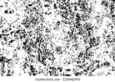 Grunge overlay layer. Abstract black and white vector background. Monochrome vintage surface with dirty pattern in cracks, spots, dots. Old wall in dark horror style design