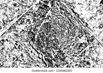 Grunge overlay layer. Abstract black and white vector background. Monochrome vintage surface with dirty pattern in cracks, spots, dots. Old wall in dark horror style design