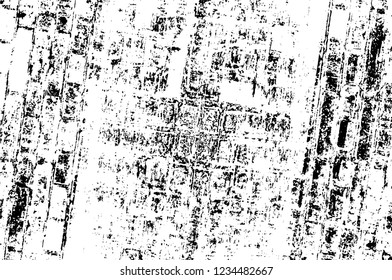 Grunge overlay layer. Abstract black and white vector background. Monochrome vintage surface with dirty pattern in cracks, spots, dots. Old wall in dark horror style design