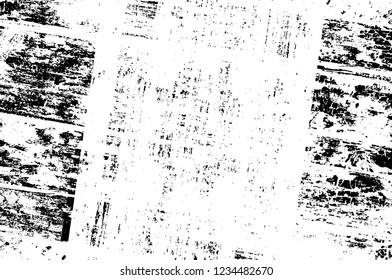 Grunge overlay layer. Abstract black and white vector background. Monochrome vintage surface with dirty pattern in cracks, spots, dots. Old wall in dark horror style design