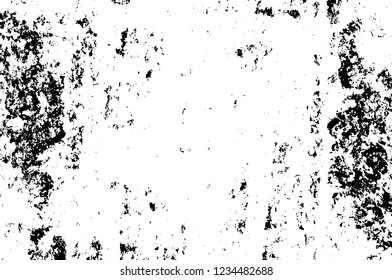 Grunge overlay layer. Abstract black and white vector background. Monochrome vintage surface with dirty pattern in cracks, spots, dots. Old wall in dark horror style design