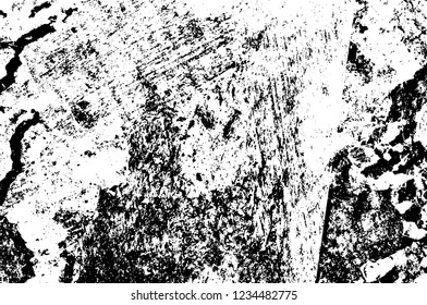 Grunge overlay layer. Abstract black and white vector background. Monochrome vintage surface with dirty pattern in cracks, spots, dots. Old wall in dark horror style design