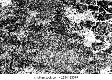 Grunge overlay layer. Abstract black and white vector background. Monochrome vintage surface with dirty pattern in cracks, spots, dots. Old wall in dark horror style design