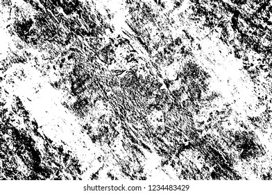Grunge overlay layer. Abstract black and white vector background. Monochrome vintage surface with dirty pattern in cracks, spots, dots. Old wall in dark horror style design