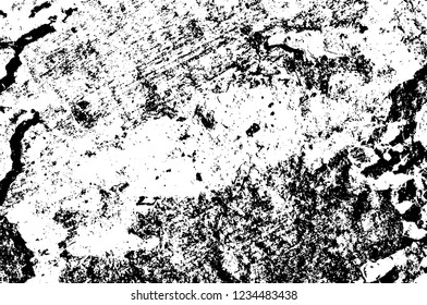 Grunge overlay layer. Abstract black and white vector background. Monochrome vintage surface with dirty pattern in cracks, spots, dots. Old wall in dark horror style design