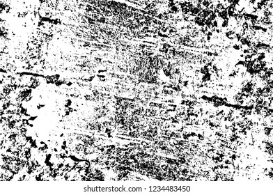 Grunge overlay layer. Abstract black and white vector background. Monochrome vintage surface with dirty pattern in cracks, spots, dots. Old wall in dark horror style design