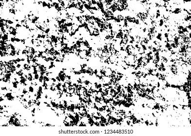 Grunge overlay layer. Abstract black and white vector background. Monochrome vintage surface with dirty pattern in cracks, spots, dots. Old wall in dark horror style design