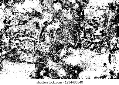 Grunge overlay layer. Abstract black and white vector background. Monochrome vintage surface with dirty pattern in cracks, spots, dots. Old wall in dark horror style design