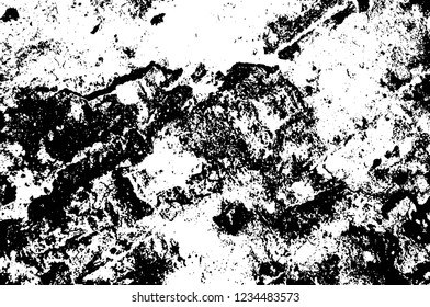 Grunge overlay layer. Abstract black and white vector background. Monochrome vintage surface with dirty pattern in cracks, spots, dots. Old wall in dark horror style design