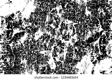Grunge overlay layer. Abstract black and white vector background. Monochrome vintage surface with dirty pattern in cracks, spots, dots. Old wall in dark horror style design