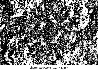 Grunge overlay layer. Abstract black and white vector background. Monochrome vintage surface with dirty pattern in cracks, spots, dots. Old wall in dark horror style design
