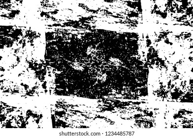 Grunge overlay layer. Abstract black and white vector background. Monochrome vintage surface with dirty pattern in cracks, spots, dots. Old wall in dark horror style design