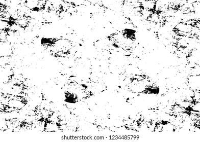 Grunge overlay layer. Abstract black and white vector background. Monochrome vintage surface with dirty pattern in cracks, spots, dots. Old wall in dark horror style design