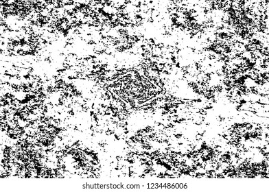 Grunge overlay layer. Abstract black and white vector background. Monochrome vintage surface with dirty pattern in cracks, spots, dots. Old wall in dark horror style design
