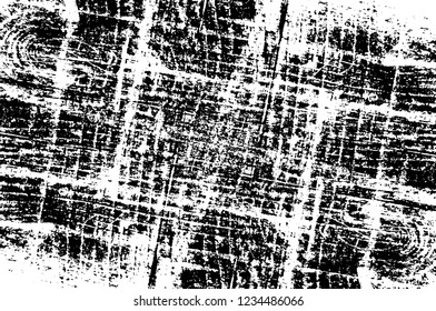 Grunge overlay layer. Abstract black and white vector background. Monochrome vintage surface with dirty pattern in cracks, spots, dots. Old wall in dark horror style design