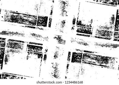 Grunge overlay layer. Abstract black and white vector background. Monochrome vintage surface with dirty pattern in cracks, spots, dots. Old wall in dark horror style design