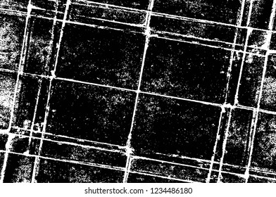 Grunge overlay layer. Abstract black and white vector background. Monochrome vintage surface with dirty pattern in cracks, spots, dots. Old wall in dark horror style design
