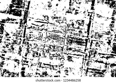 Grunge overlay layer. Abstract black and white vector background. Monochrome vintage surface with dirty pattern in cracks, spots, dots. Old wall in dark horror style design
