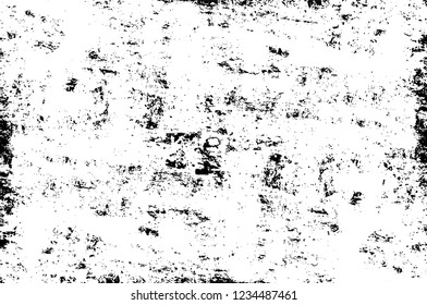 Grunge overlay layer. Abstract black and white vector background. Monochrome vintage surface with dirty pattern in cracks, spots, dots. Old wall in dark horror style design
