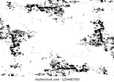 Grunge overlay layer. Abstract black and white vector background. Monochrome vintage surface with dirty pattern in cracks, spots, dots. Old wall in dark horror style design