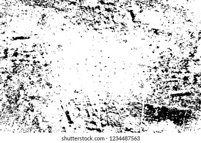 Grunge overlay layer. Abstract black and white vector background. Monochrome vintage surface with dirty pattern in cracks, spots, dots. Old wall in dark horror style design