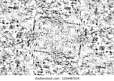 Grunge overlay layer. Abstract black and white vector background. Monochrome vintage surface with dirty pattern in cracks, spots, dots. Old wall in dark horror style design