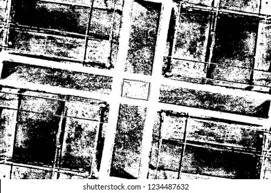 Grunge overlay layer. Abstract black and white vector background. Monochrome vintage surface with dirty pattern in cracks, spots, dots. Old wall in dark horror style design