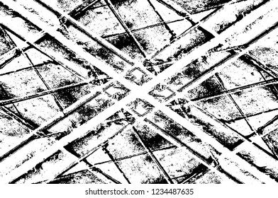 Grunge overlay layer. Abstract black and white vector background. Monochrome vintage surface with dirty pattern in cracks, spots, dots. Old wall in dark horror style design