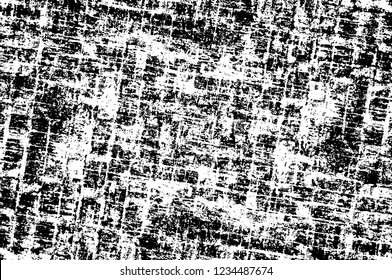 Grunge overlay layer. Abstract black and white vector background. Monochrome vintage surface with dirty pattern in cracks, spots, dots. Old wall in dark horror style design
