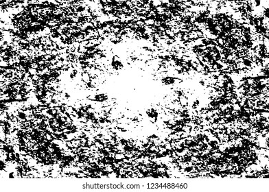 Grunge overlay layer. Abstract black and white vector background. Monochrome vintage surface with dirty pattern in cracks, spots, dots. Old wall in dark horror style design
