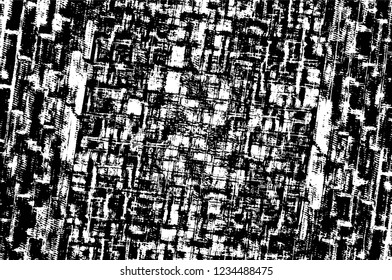 Grunge overlay layer. Abstract black and white vector background. Monochrome vintage surface with dirty pattern in cracks, spots, dots. Old wall in dark horror style design