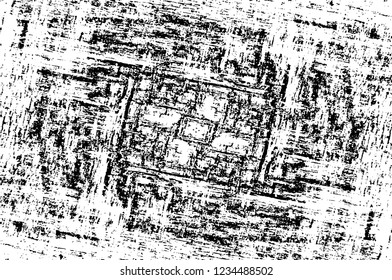 Grunge overlay layer. Abstract black and white vector background. Monochrome vintage surface with dirty pattern in cracks, spots, dots. Old wall in dark horror style design