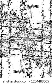 Grunge overlay layer. Abstract black and white vector background. Monochrome vintage surface with dirty pattern in cracks, spots, dots. Old wall in dark horror style design