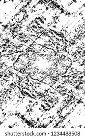 Grunge overlay layer. Abstract black and white vector background. Monochrome vintage surface with dirty pattern in cracks, spots, dots. Old wall in dark horror style design