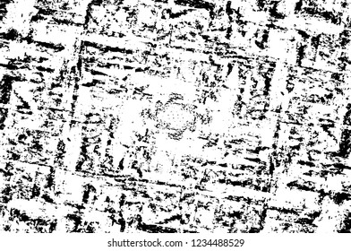 Grunge overlay layer. Abstract black and white vector background. Monochrome vintage surface with dirty pattern in cracks, spots, dots. Old wall in dark horror style design