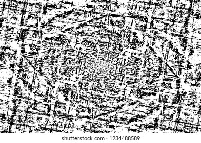 Grunge overlay layer. Abstract black and white vector background. Monochrome vintage surface with dirty pattern in cracks, spots, dots. Old wall in dark horror style design