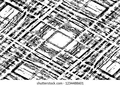 Grunge overlay layer. Abstract black and white vector background. Monochrome vintage surface with dirty pattern in cracks, spots, dots. Old wall in dark horror style design