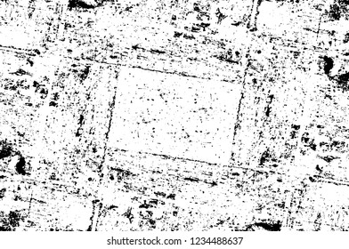 Grunge overlay layer. Abstract black and white vector background. Monochrome vintage surface with dirty pattern in cracks, spots, dots. Old wall in dark horror style design