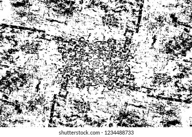 Grunge overlay layer. Abstract black and white vector background. Monochrome vintage surface with dirty pattern in cracks, spots, dots. Old wall in dark horror style design